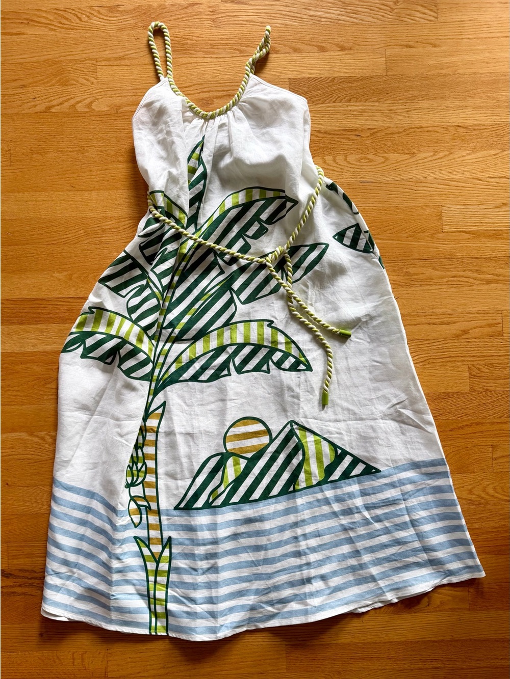 Farm Rio White & Green Banana Leaf Print Maxi Dress with Rope Belt xxs - Picture 3 of 5